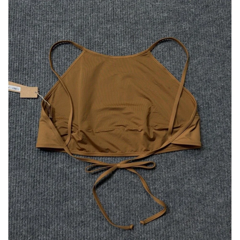SKIMS Recycled Swim Women Size 4X High Neck Bikini Top Almond Brown NEW